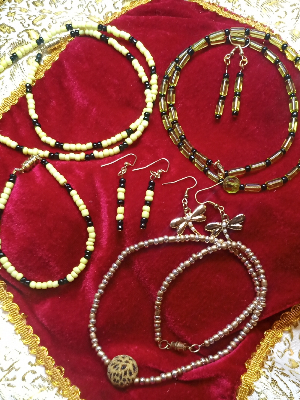 Bundle 7 Pieces Handcrafted Glass Yellow & Black Beaded Necklace & Earring Set
